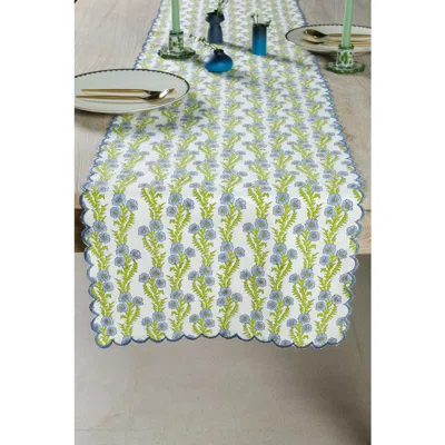 Inner Child Forget-me-not Scallop Embroidered Blockprint Tablerunner In Green
