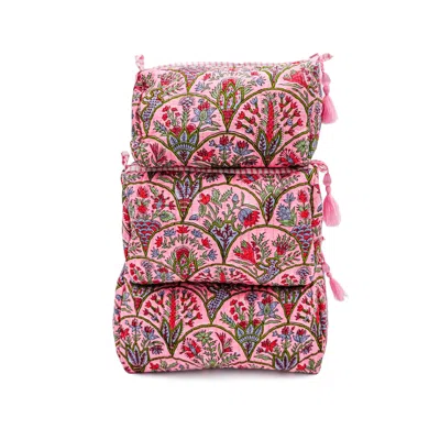 Inner Child Green / Pink / Purple Pink Arch Blockprint Toiletry Makeup Bag, Set Of Three
