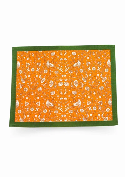 Inner Child Green / Yellow / Orange Birds Of A Feather Orange Blockprint Fall Placemat, Set Of Two