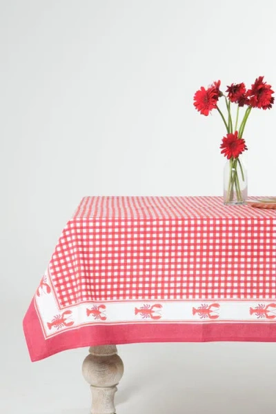 Inner Child Lobster Red Gingham Blockprint Tablecloth In Pink