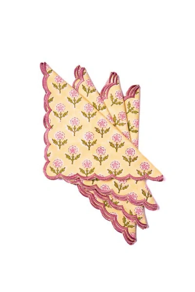 Inner Child Mona Scallop Embroidered Blockprint Napkins In Yellow