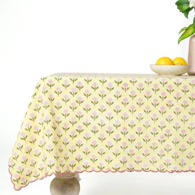 Inner Child Mona Scallop Embroidered Blockprint Tablecloth In Yellow