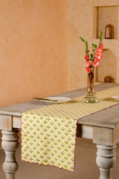 Inner Child Mona Scallop Embroidered Blockprint Tablerunner In Yellow
