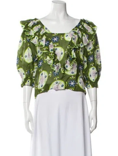 Pre-owned Innika Choo Floral Print Square Neckline Blouse In Green