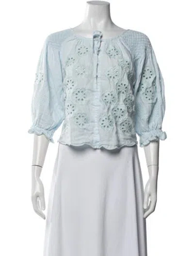Pre-owned Innika Choo Linen Floral Print Blouse In Blue/white