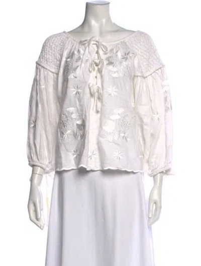 Pre-owned Innika Choo Linen Floral Print Blouse In White