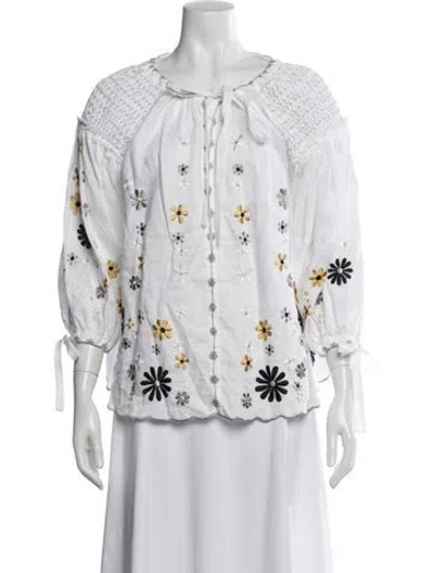 Pre-owned Innika Choo Linen Floral Print Blouse In White