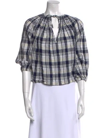 Pre-owned Innika Choo Linen Plaid Print Blouse In Blue