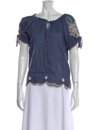 Pre-owned Innika Choo Linen Tie Neck Blouse In Blue