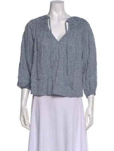 Pre-owned Innika Choo Linen V-neck Blouse In Blue