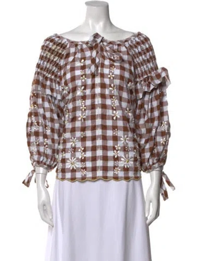 Pre-owned Innika Choo Plaid Print Off-the-shoulder Blouse In Brown