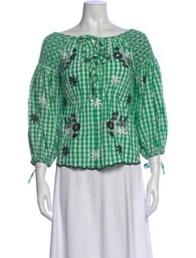 Pre-owned Innika Choo Plaid Print Off-the-shoulder Blouse In Green