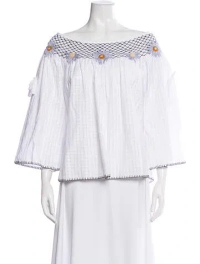 Pre-owned Innika Choo Printed Off-the-shoulder Blouse In White