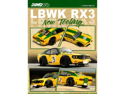 Inno Models Mazda Rx-3 Liberty Walk Rhd (right Hand Drive) #3 "savanna" Yellow With Green Stripes 1/64 Diecast M