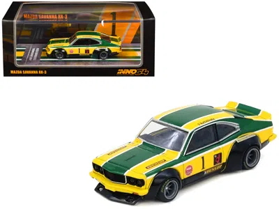 Inno Models Mazda Rx-3 Savanna Rhd (right Hand Drive) #1 "katayama Racing Livery" Green And Yellow Striped 1/64  In Multi