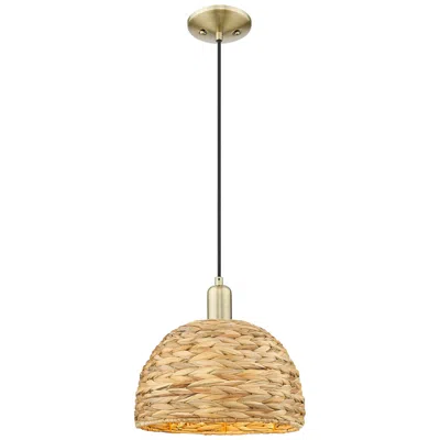 Innovations Lighting Arcadia Woven Rattan 12" Wide Antique Brass Cord Hung Mini Pendant