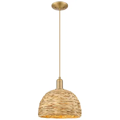 Innovations Lighting Arcadia Woven Rattan 12" Wide Brushed Brass Cord Hung Mini Pendant