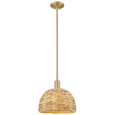 Innovations Lighting Arcadia Woven Rattan 12" Wide Brushed Brass Stem Hung Mini Pendant