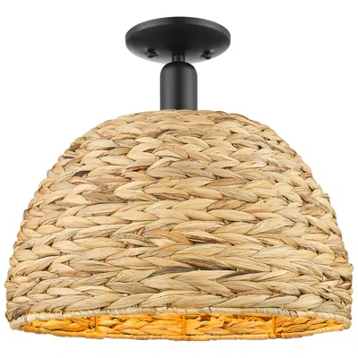 Innovations Lighting Arcadia Woven Rattan 16" Wide Matte Black Semi.flush Mount With