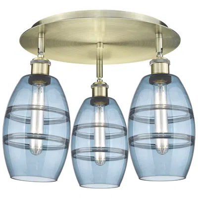 Innovations Lighting Ballston Vaz 17.63"w 3-light Antique Brass Flush Mount W/ Blue Shade
