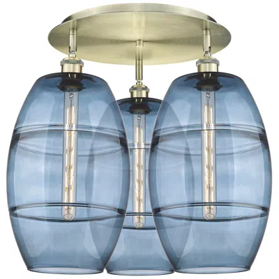 Innovations Lighting Ballston Vaz 21.75"w 3-light Antique Brass Flush Mount W/ Blue Shade