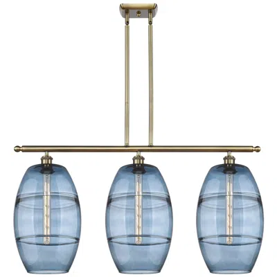 Innovations Lighting Ballston Vaz 36.5"w 3-light Antique Brass Stem Island Light W/ Blue Sh