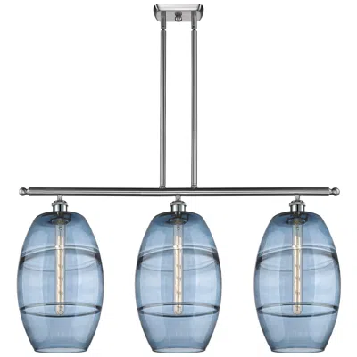Innovations Lighting Ballston Vaz 36.5"w 3-light Satin Nickel Stem Island Light W/ Blue Sha In Multi