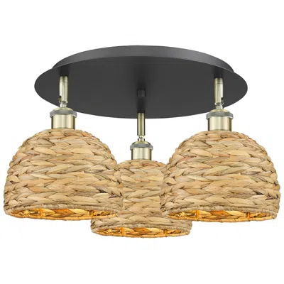 Innovations Lighting Ballston Woven Rattan 20" Wide 3 Light Black Antique Brass Flush Mount
