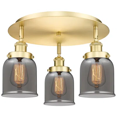 Innovations Lighting Bell 16.75"w 3 Light Satin Gold Flush Mount With Plated Smoke Glass Sh