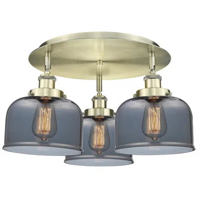 Innovations Lighting Bell 19.75"w 3 Light Antique Brass Flush Mount W/ Plated Smoke Glass S