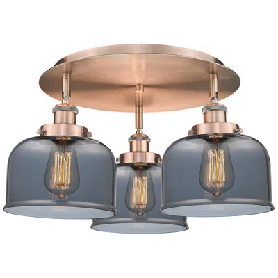 Innovations Lighting Bell 19.75"w 3 Light Antique Copper Flush Mount W/ Plated Smoke Glass