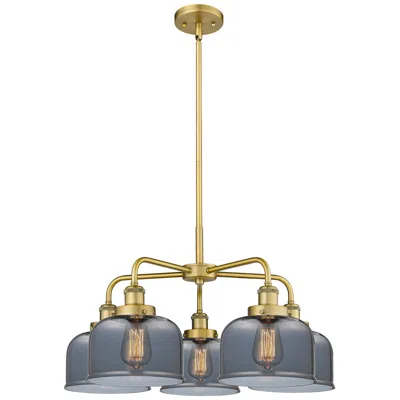 Innovations Lighting Bell 26"w 5 Light Brushed Brass Stem Hung Chandelier W/ Smoke Glass Sh