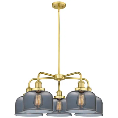 Innovations Lighting Bell 26"w 5 Light Satin Gold Stem Hung Chandelier W/ Smoke Glass Shade