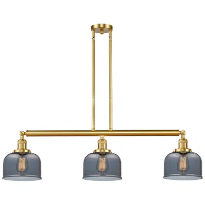 Innovations Lighting Bell 41" 3-light Satin Gold Stem Hung Island Light W/ Plated Smoke Sha