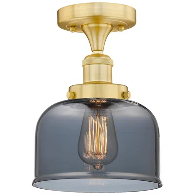 Innovations Lighting Bell 7.75" Wide Satin Gold Semi.flush Mount With Plated Smoke Glass Sh