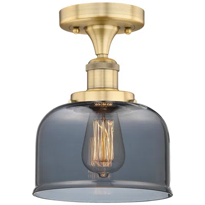 Innovations Lighting Bell 7.75"w Brushed Brass Semi.flush Mount With Plated Smoke Glass Sha In Blue