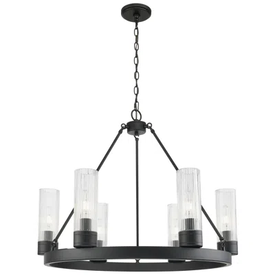Innovations Lighting Boreas 29"w 6 Light Matte Black Chandelier With 8" Striped Clear Shade