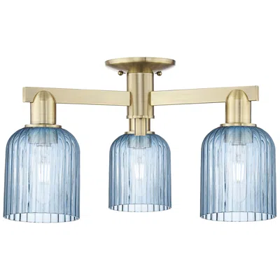 Innovations Lighting Bridal Veil 23"w 3 Light Antique Brass Semi-flush Mount With Blue Shade