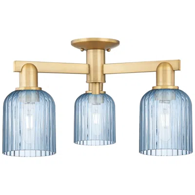 Innovations Lighting Bridal Veil 23"w 3 Light Brushed Brass Semi-flush Mount With Blue Shade