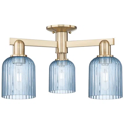 Innovations Lighting Bridal Veil 23"w 3 Light Champagne Bronze Semi-flush With Blue Shade