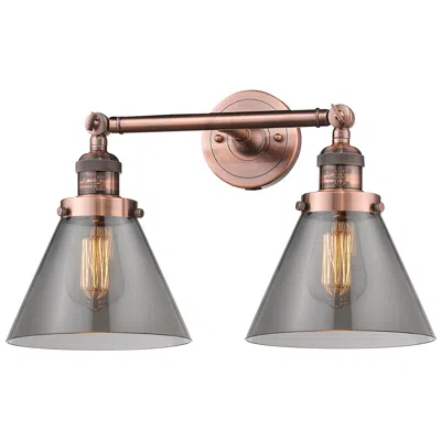 Innovations Lighting Cone 18" 2-light Antique Copper Bath Light W/ Plated Smoke Shade In Gray