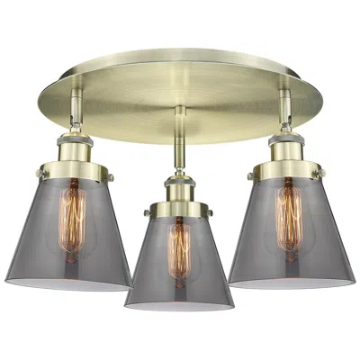 Innovations Lighting Cone 18"w 3 Light Antique Brass Flush Mount With Plated Smoke Glass Sh