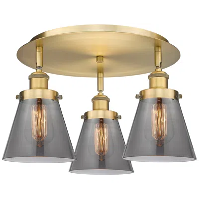 Innovations Lighting Cone 18"w 3 Light Brushed Brass Flush Mount With Plated Smoke Glass Sh