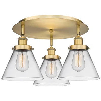 Innovations Lighting Cone 19.5" Wide 3 Light Brushed Brass Flush Mount With Clear Glass Sha