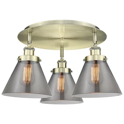 Innovations Lighting Cone 19.5"w 3 Light Antique Brass Flush Mount With Plated Smoke Glass