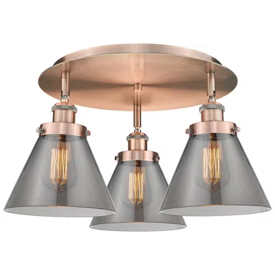 Innovations Lighting Cone 19.5"w 3 Light Antique Copper Flush Mount W/ Plated Smoke Glass S