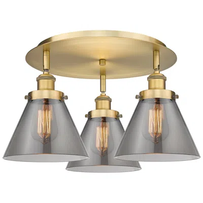 Innovations Lighting Cone 19.5"w 3 Light Brushed Brass Flush Mount With Plated Smoke Glass