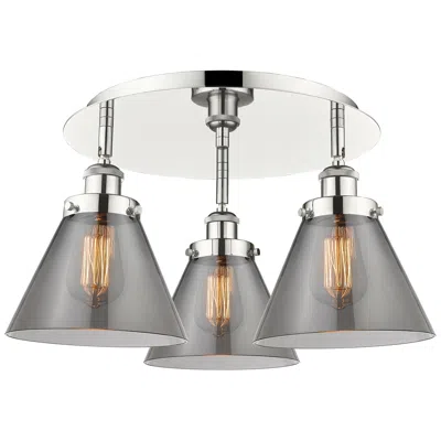 Innovations Lighting Cone 19.5"w 3 Light Polished Nickel Flush Mount W/ Plated Smoke Glass