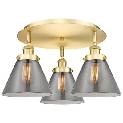 Innovations Lighting Cone 19.5"w 3 Light Satin Gold Flush Mount With Plated Smoke Glass Sha