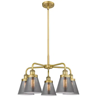 Innovations Lighting Cone 24.25"w 5 Light Brushed Brass Stem Hung Chandelier W/ Smoke Shade
